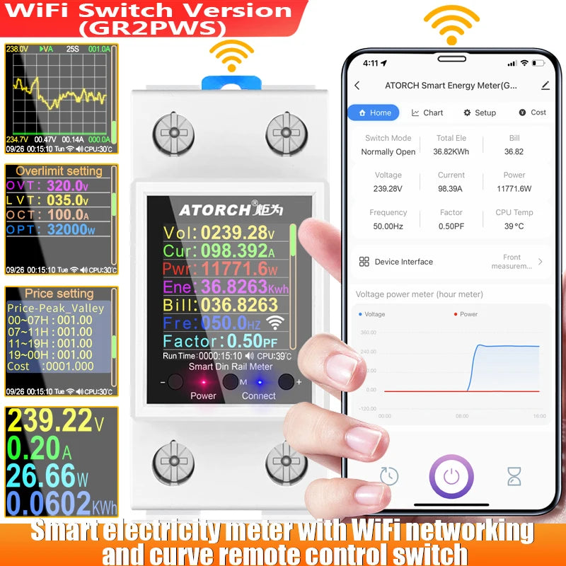 100A Tuya WiFi Din Rail Power Energy Meter AC50-320V Smart Electricity Meter Digital Display Monitor Voltage Curve Ammeter GR2PW