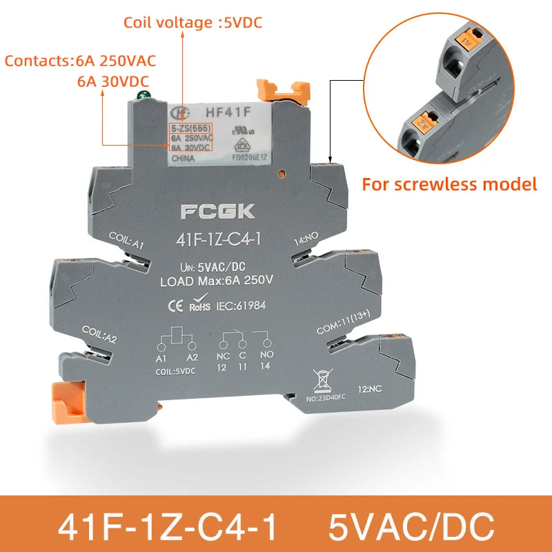Din Rail Slim Relay Module 41F-1Z-C4-1 Integrated PCB Mount Power Relay With Relay Holder 12V 24V ACDC 220V Relay Socket 6.2mm