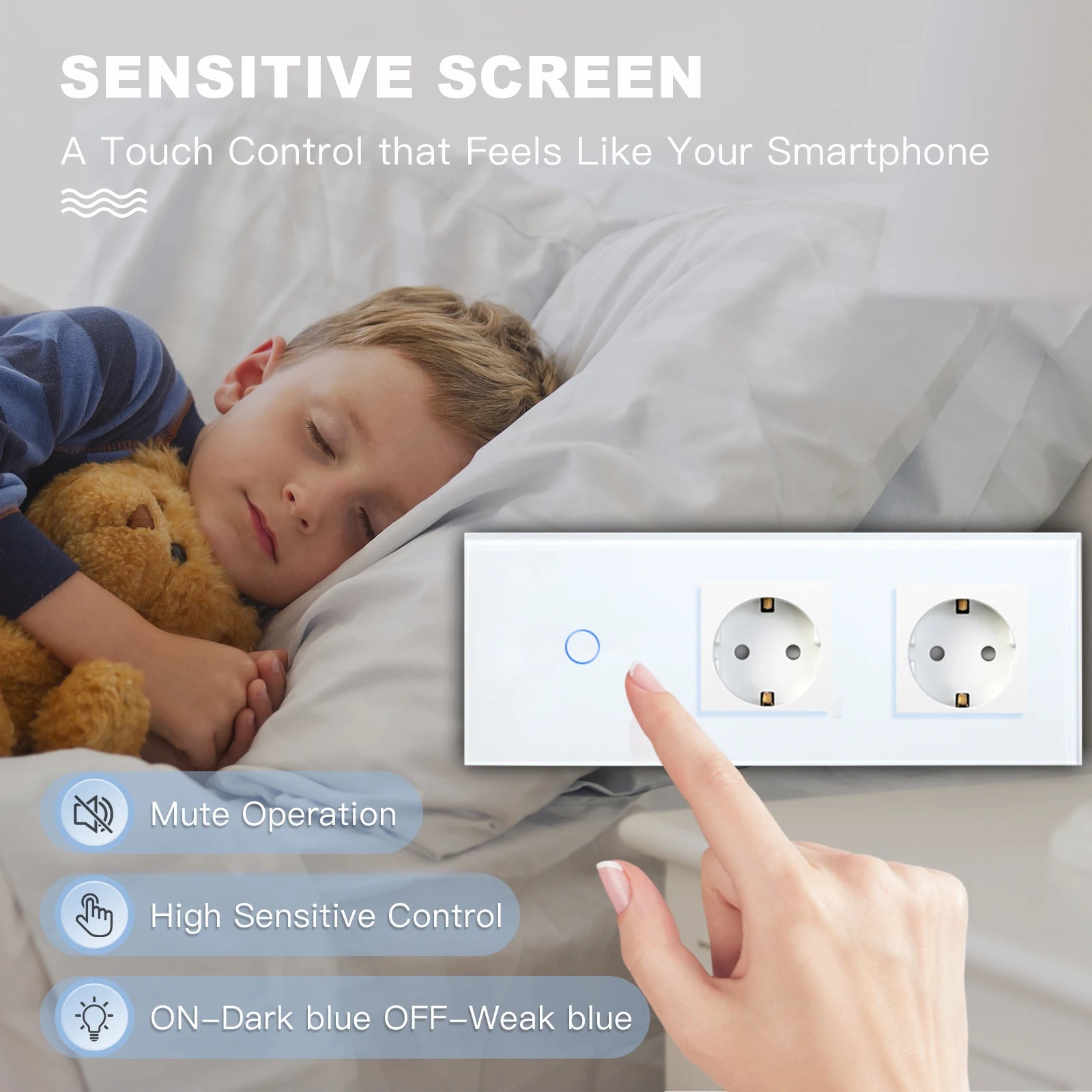 BSEED 1/2/3Gang Touch Light Switch 1Way Simple Sensor Switch Type-c USB Sockets EU Standard Glass Panel Blue Backlight 10A White by MVEnergo