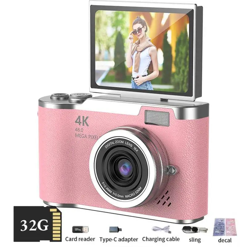 4K Digital Camera CCD 180° Flip Screen Selfie Camera 8X Digital Zoom 48MP Portable Digital Photography Camera with 32G Card by MVEnergo