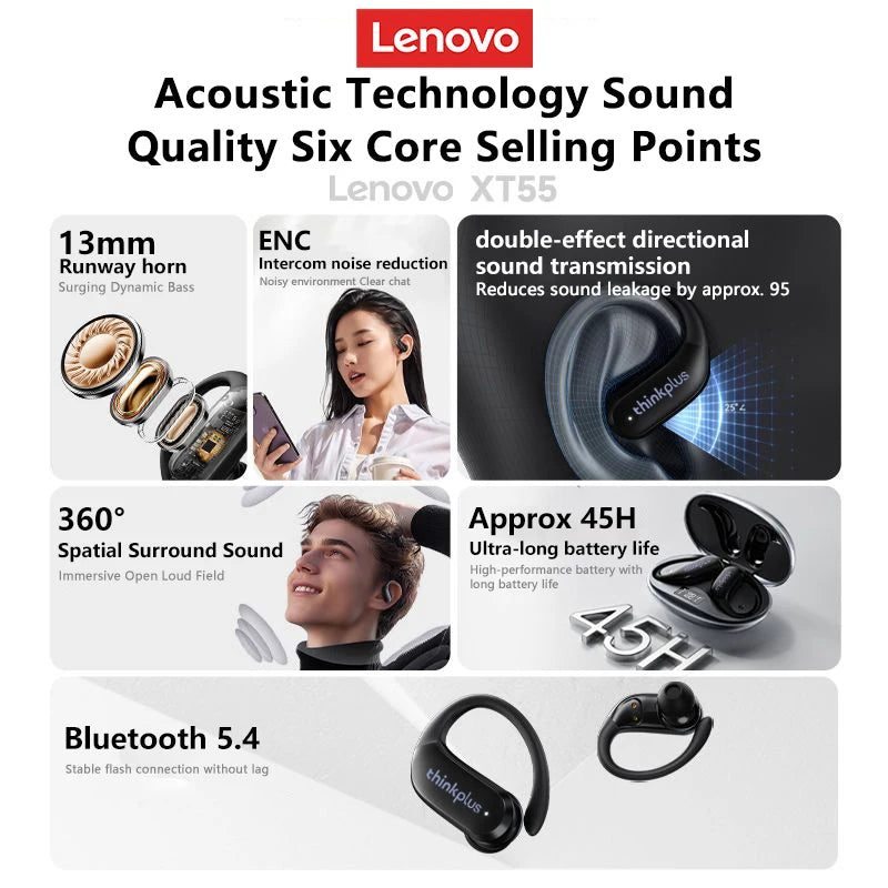 New Lenovo XT55 Bluetooth 5.4 Wireless Earphones Long Battery Life HiFI Stereo Headphone Noise Cancelling Sport Headset With Mc by MVEnergo