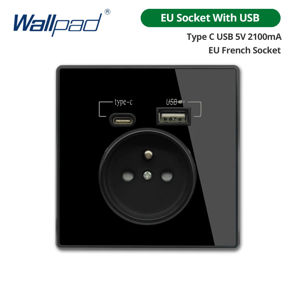 Type-C A Interface Outlet Acrylic Mirror Crystal Panel Black Wall EU Russia Spain French Socket With USB Charge 5V 2100mA Holder