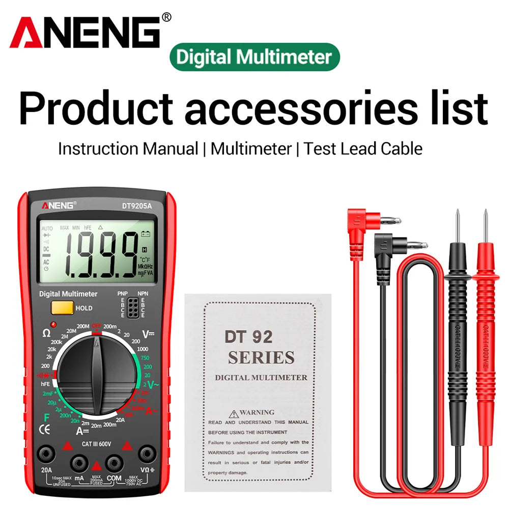 ANENG DT9205A Multimeter 1999 Counts Digital True RMS Professional AC/DC Current Tester hFE Ohm Capacitor Voltage Meter Detector by MVEnergo
