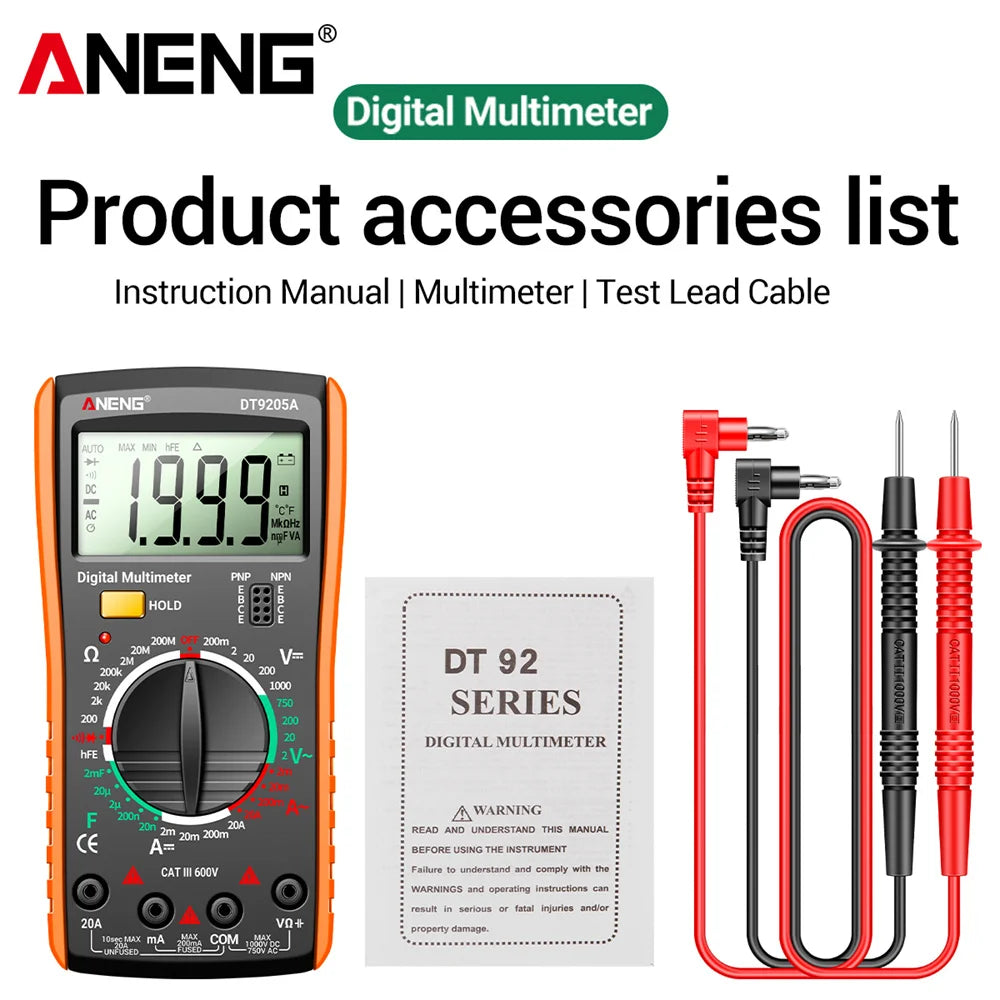ANENG DT9205A Multimeter 1999 Counts Digital True RMS Professional AC/DC Current Tester hFE Ohm Capacitor Voltage Meter Detector by MVEnergo