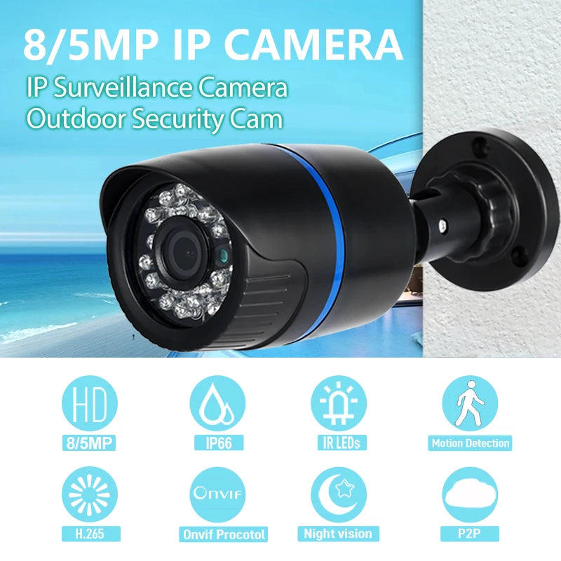 8MP 4K IP66 Waterproof Bullet Outdoor POE Camera, IP Surveillance Camera Security Night CCTV System Cam by MVEnergo