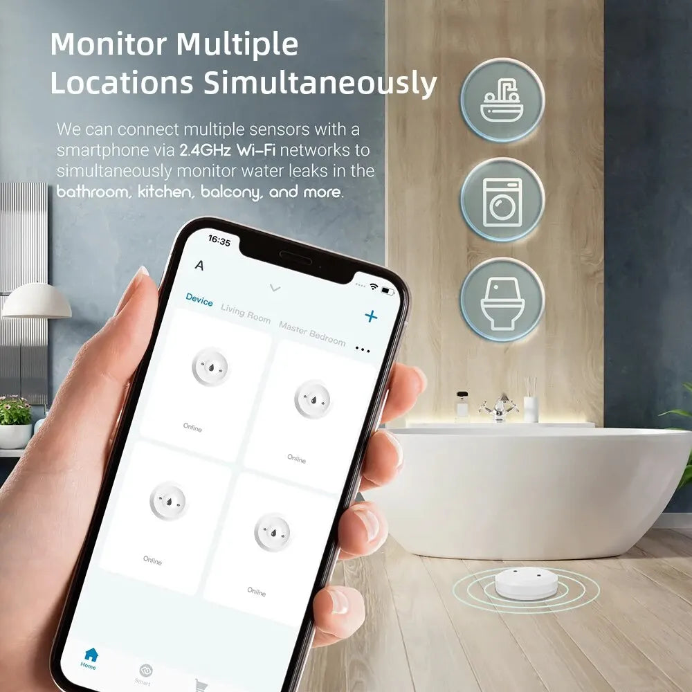 Tuya ZigBee Smart Water Sensor Detector Flood Leakage Alarm APP Control Waterproof for Home Kitchen Bathroom Smart Life Gateway