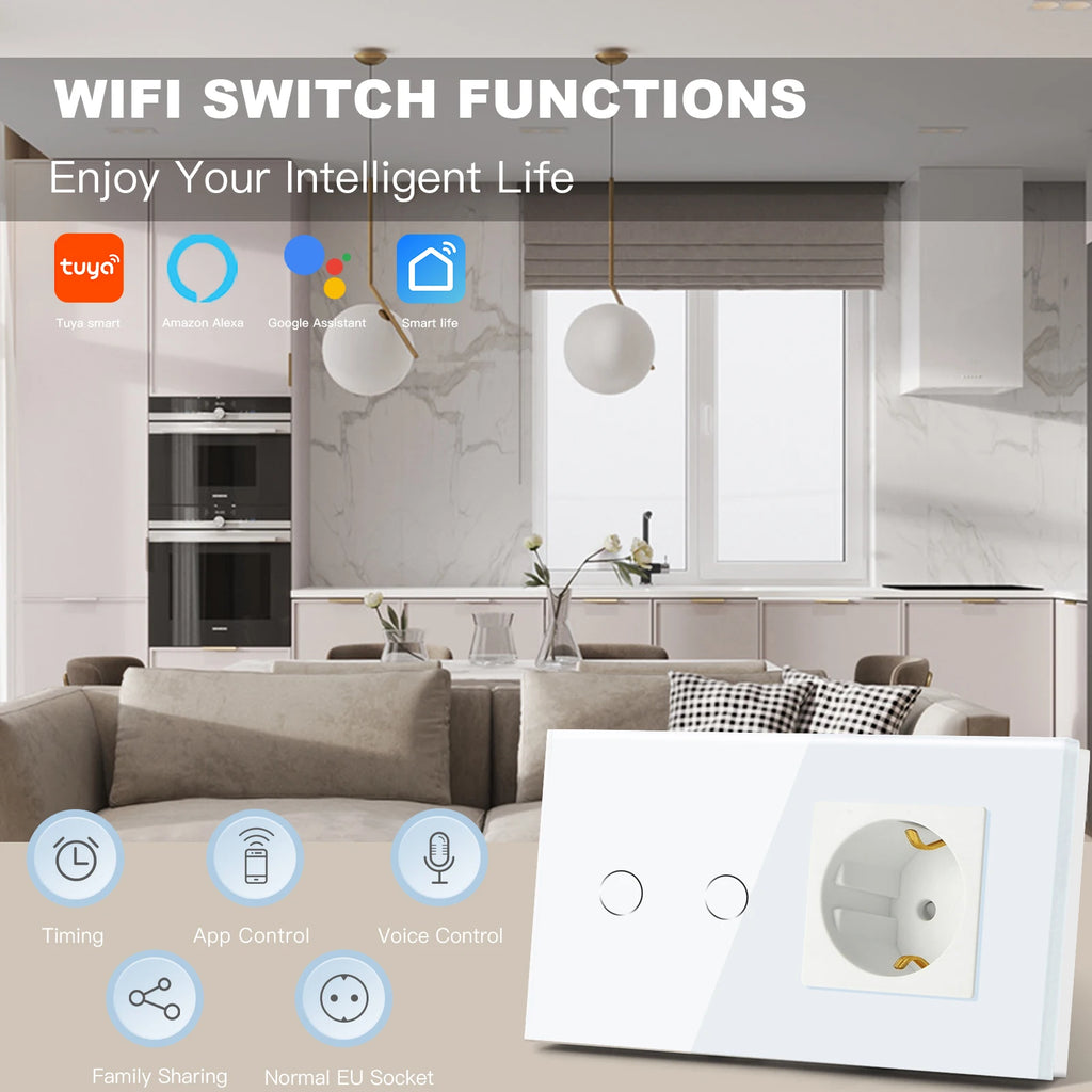 BSEED Wifi 1/2/3Gang Smart Touch Switches 1/2/3Way Wall Light Switches Tuya Smart Life App Control Plus Sockets EU Standard by MVEnergo
