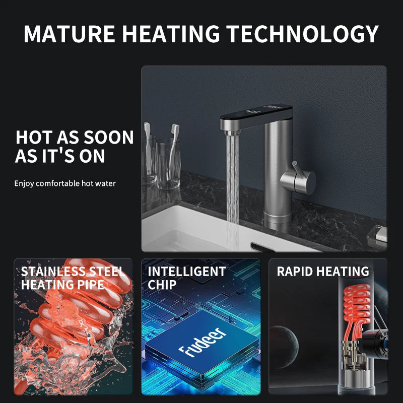 Fudeer 3400W 220V Electric Kitchen Water Heater Tap Instant Hot Stainless Steel Water Faucet Heater Cold Heating Faucet by MVEnergo