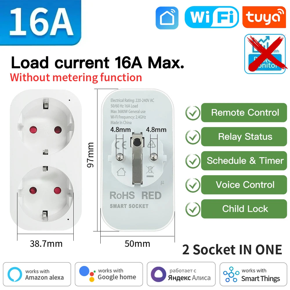 TNCE Tuya 16A/20A WiFi/Zigbee3.0 Smart Socket EU Smart Plug With Power Monitoring Timing Function Work With Alexa