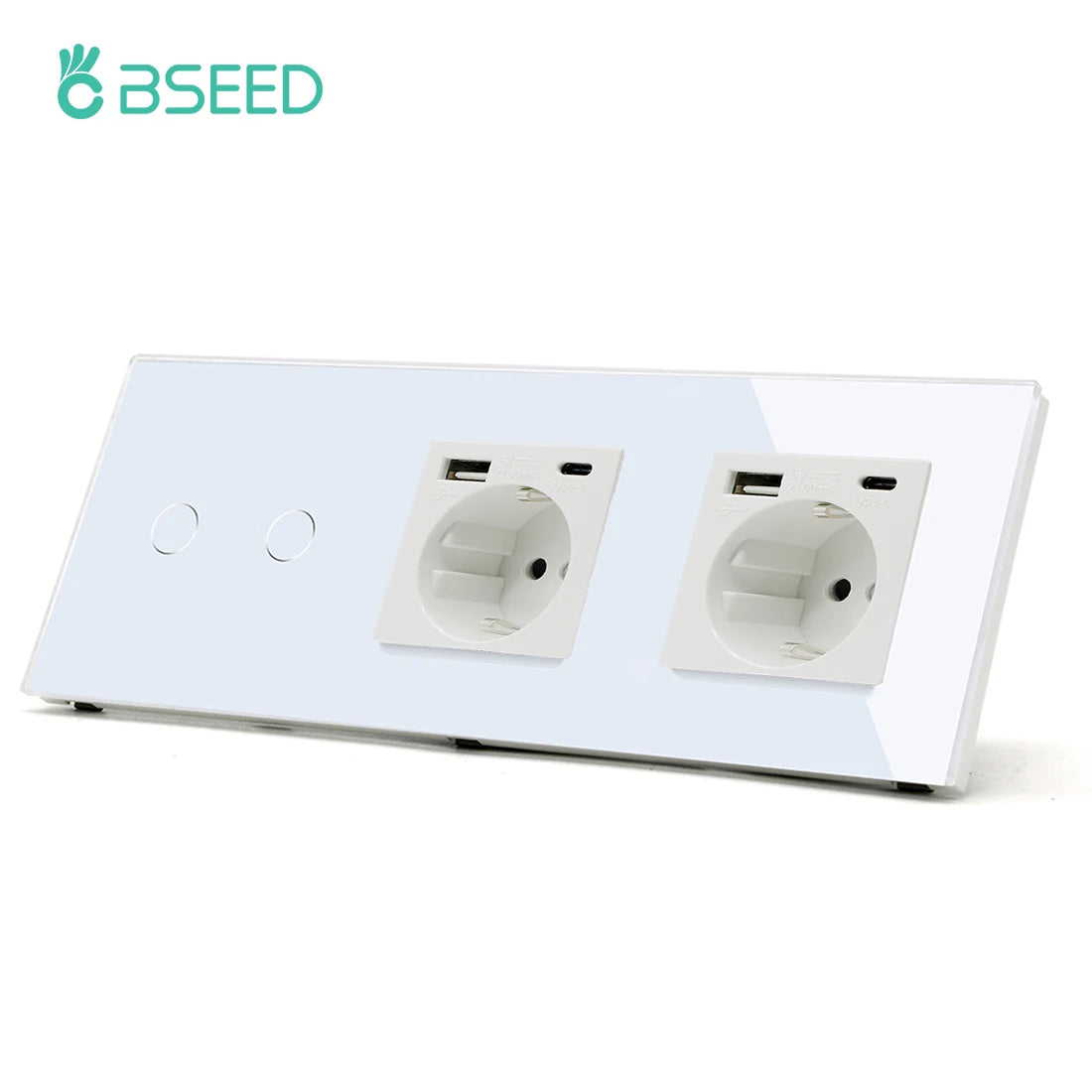 BSEED 1/2/3Gang Touch Light Switch 1Way Simple Sensor Switch Type-c USB Sockets EU Standard Glass Panel Blue Backlight 10A White by MVEnergo