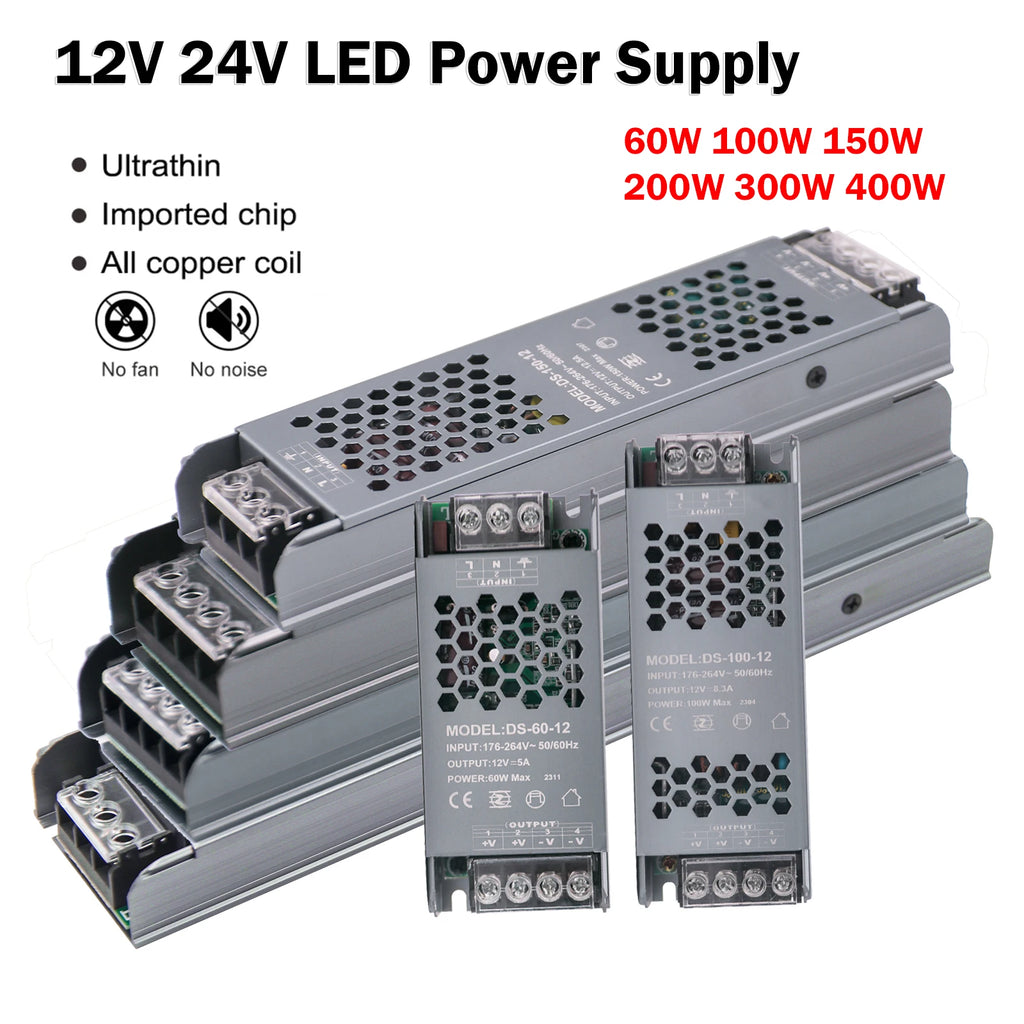 12V 24V Power Supply for LED Strip AC176-264V Ultra Thin Lighting Transformers 60W 100W 200W 300W 400W LED Driver Power Adapter