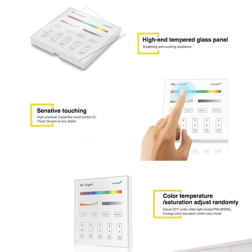 MiBoxer T4 AC100-240V 4-Zone 2.4GHz 86Touch RGB+CCT Panel Remote Switch Brightness adjustable Controller For LED Lamp/Strip/FCOB