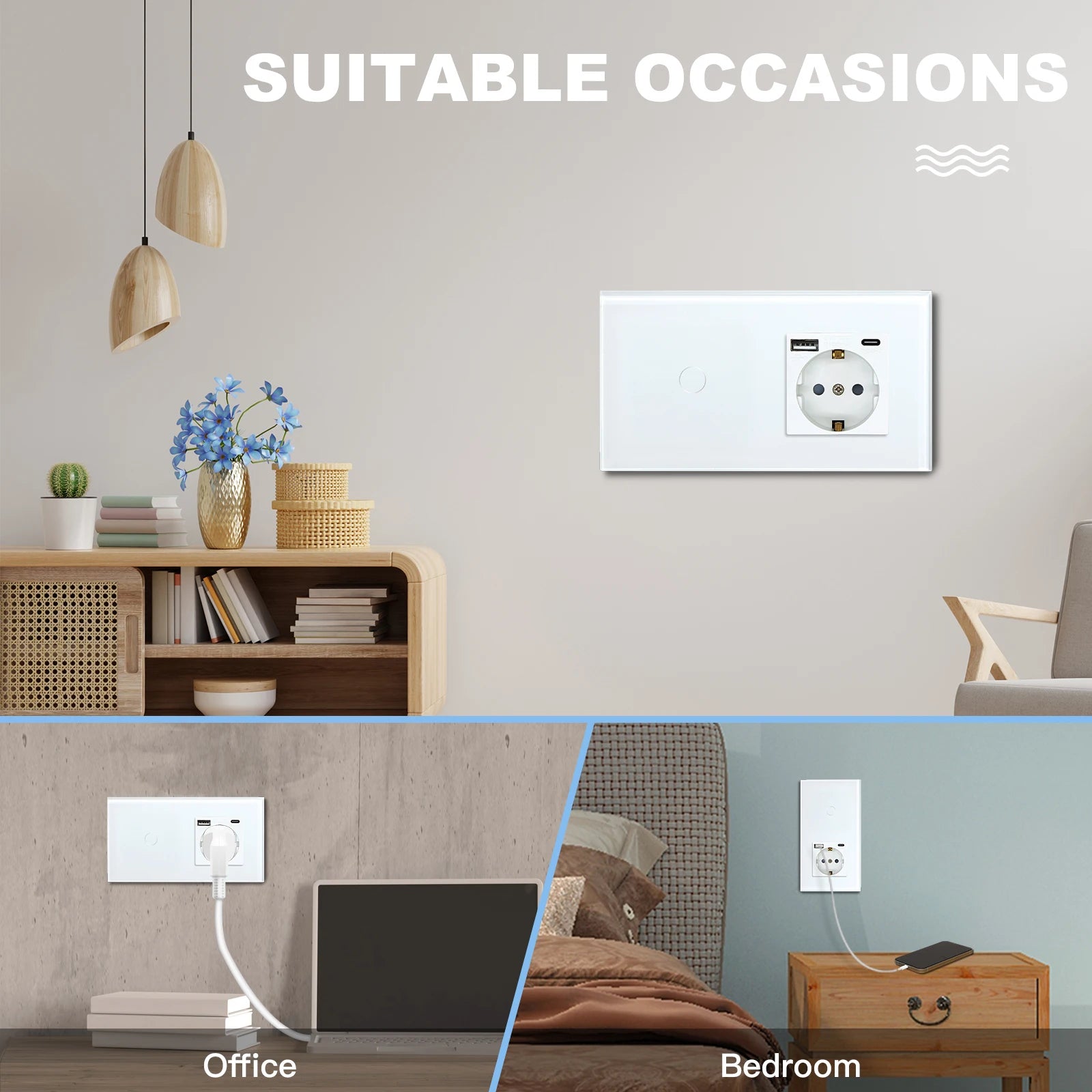 BSEED 1/2/3Gang Touch Light Switch 1Way Simple Sensor Switch Type-c USB Sockets EU Standard Glass Panel Blue Backlight 10A White by MVEnergo