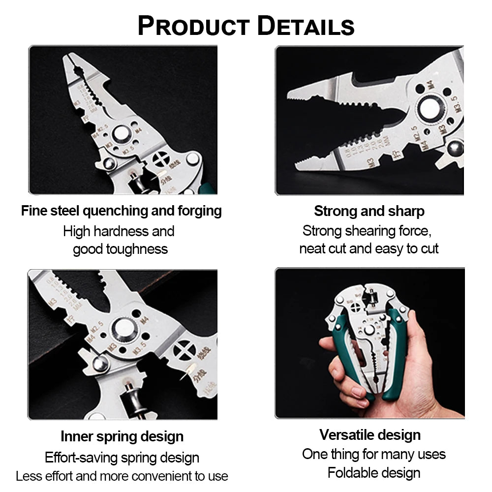 1Pcs Multifunctional Foldable Wire Stripper Crimper Cable Cutter Pliers Electrician Cable Cutting Wiring Pulling Stripping Tools