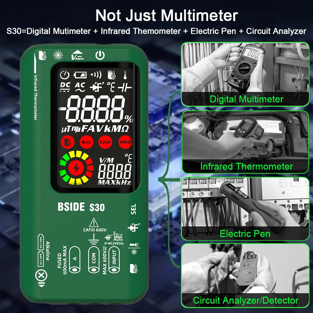 BSIDE Digital Multimeter Smart Multitister 9999 T-RMS DC AC Voltage Current 15V Diode Capacitor Ohm NCV USB Rechargeable Tester by MVEnergo
