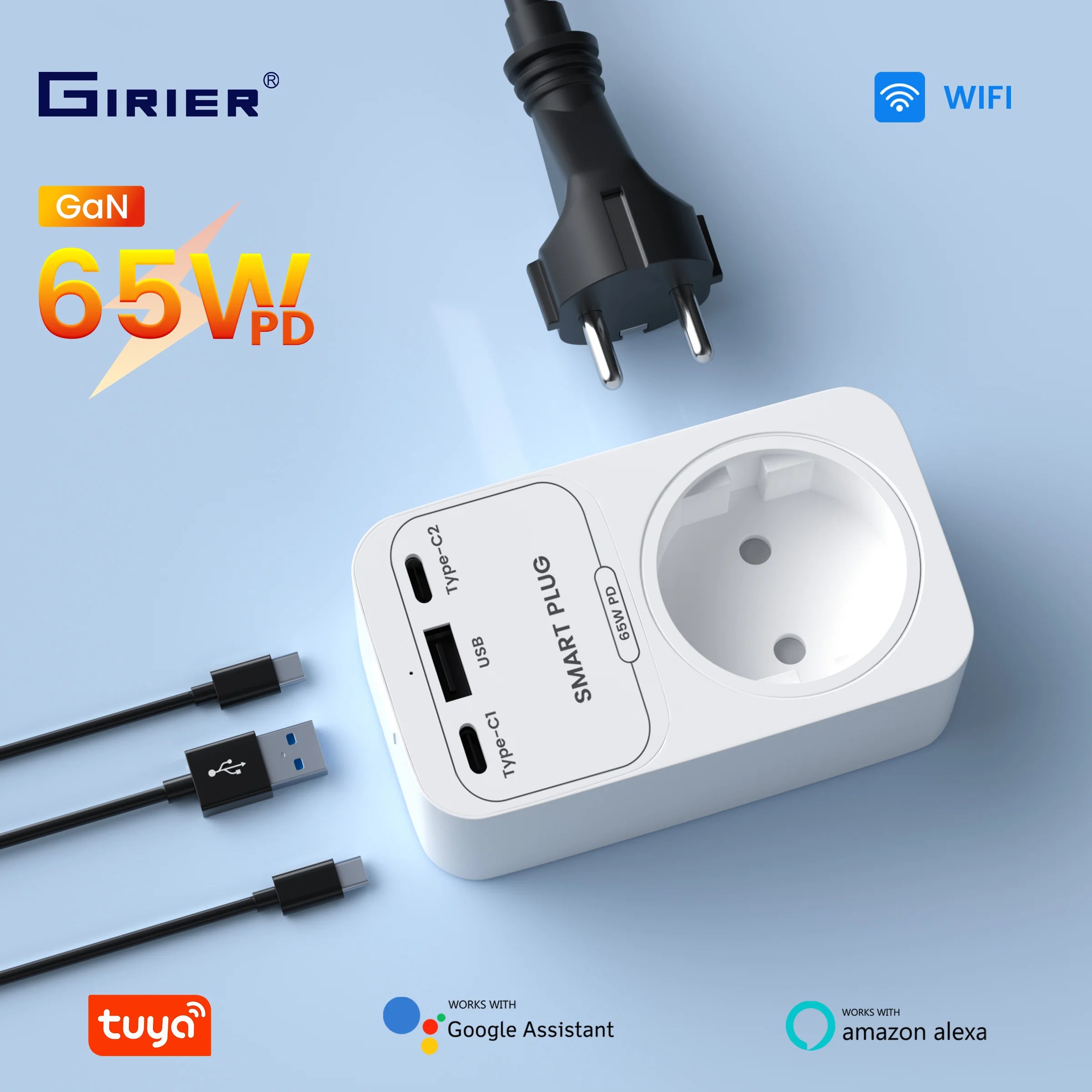 GIRIER Tuya Smart Plug WiFi 65W GaN Fast Charger with Type C USB A Fast Charging Ports EU/US/UK/FR Socket Outlet work with Alexa by MVEnergo