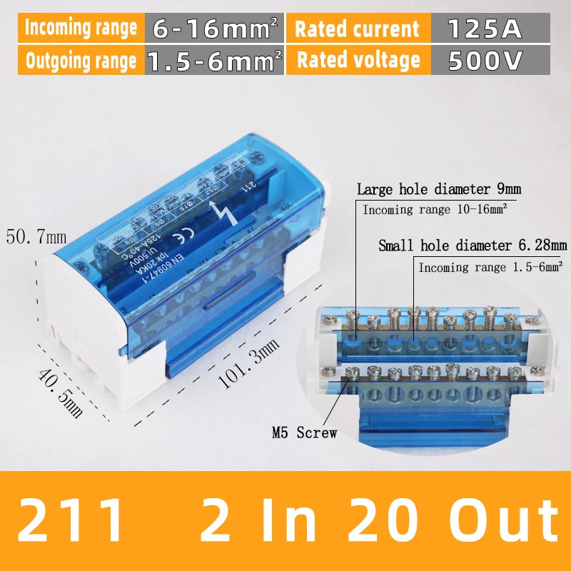 Din Rail Terminal Block UK125A Distribution Box UKK 1 In 2 In Several Out Power Universal Wire Electrical Connector Junction Box