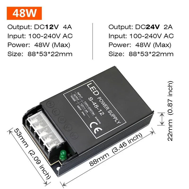 Constant Voltage Power Supply 48W 60W 100W 150W 200W 300W 400W Thin Driver For LED Strips DC 12V / 24V Lighting Transformers