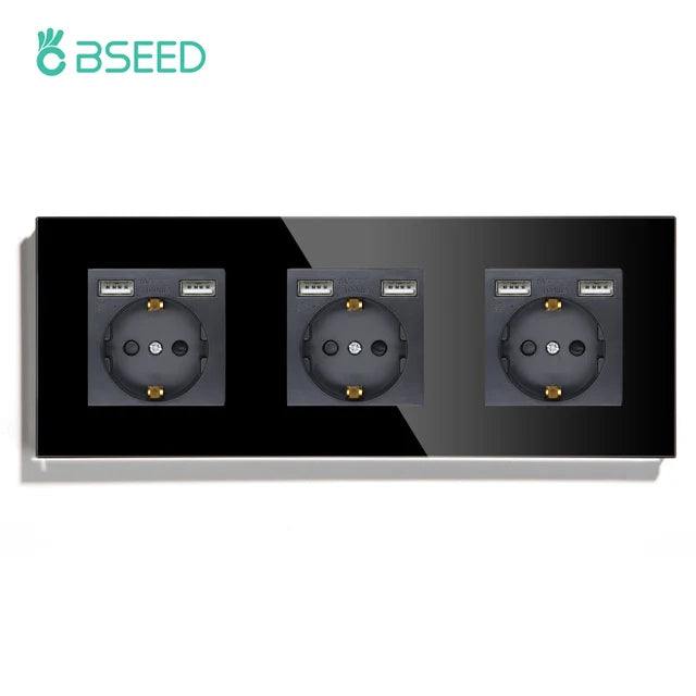 BSEED Single EU Glass Socket With USB Wall Sockets Double Electric Sockets Triple Power Outlets USB Type-C Ports Black 16A by MVEnergo