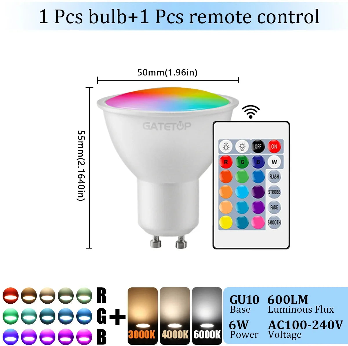 1-10PCS RGB GU10 LED Spotlight Bulb 24 Key Remote Control Dimmable 6W AC220V 110V Colorful Change for Bedroom Living Room Lamp