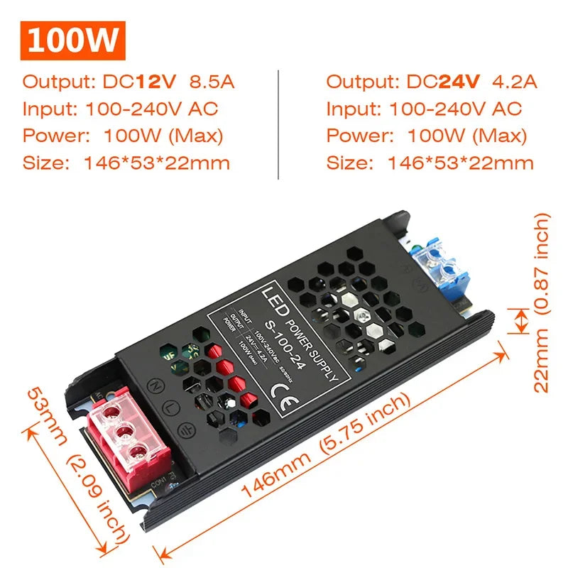 Ultra Thin Driver For LED Strips Constant Voltage Power Supply DC 12V / 24V Lighting Transformers 60W 100W 150W 200W 300W 400W