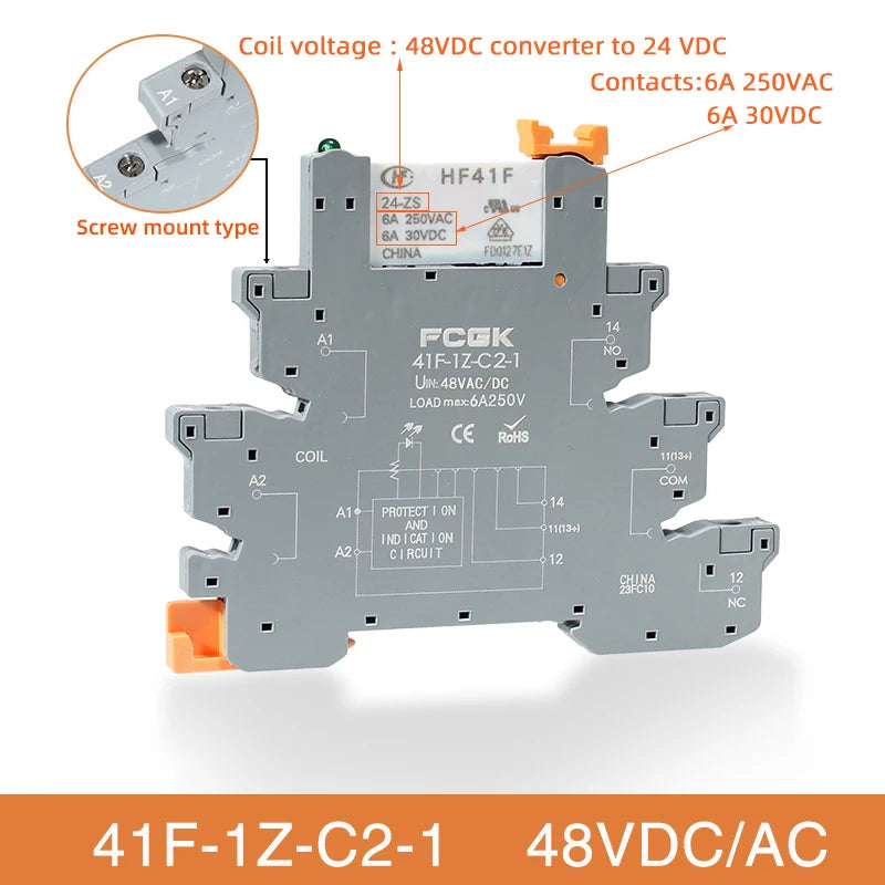 Din Rail Slim Relay Module 41F-1Z-C4-1 Integrated PCB Mount Power Relay With Relay Holder 12V 24V ACDC 220V Relay Socket 6.2mm